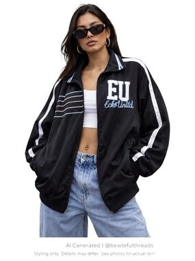 Y2K Oversized Track Jacket Black EU Streetwear Hip Hop Zip Up XXL